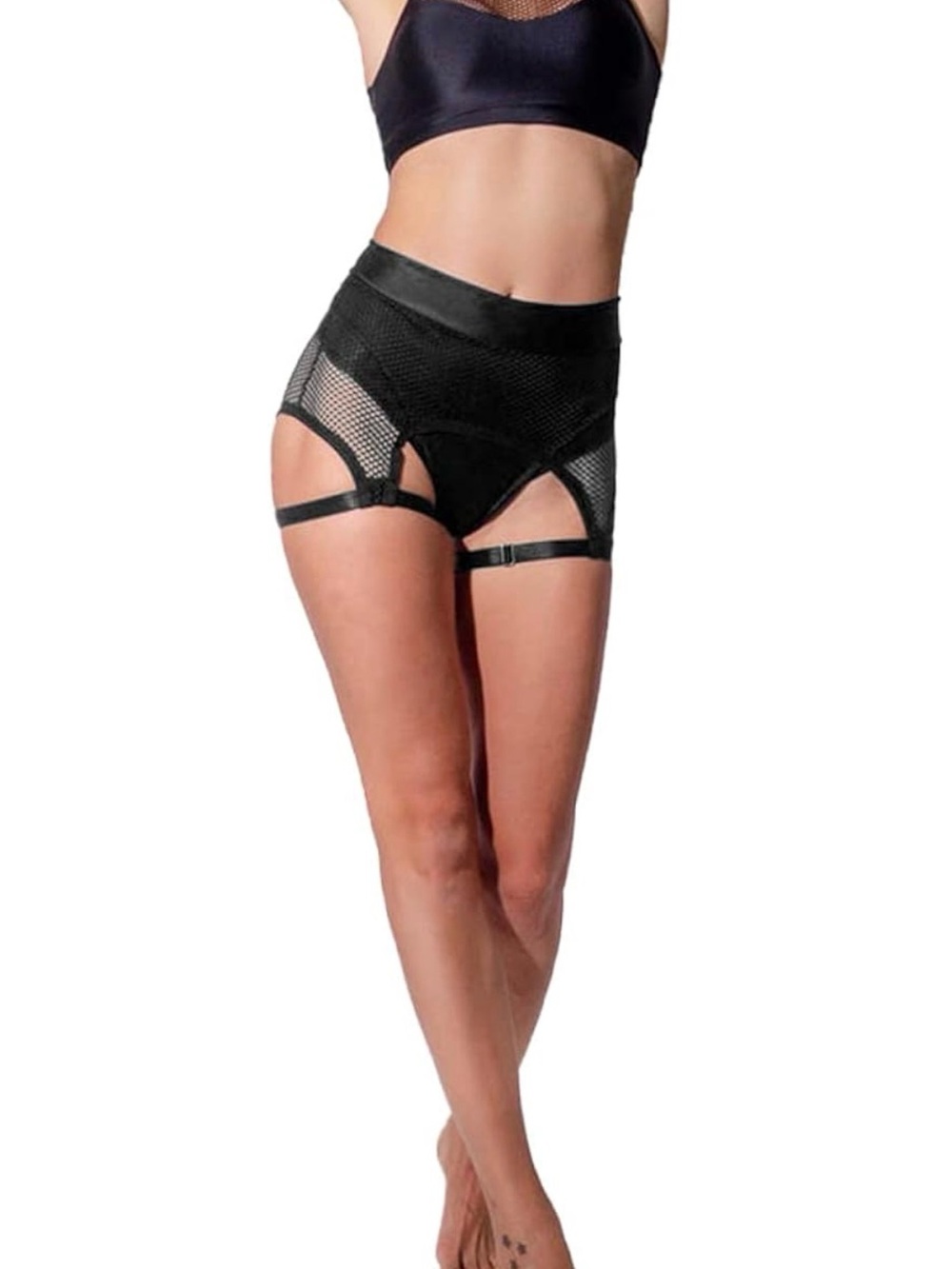 High-Waist Black Mesh Pole Bottoms with Strappy Details